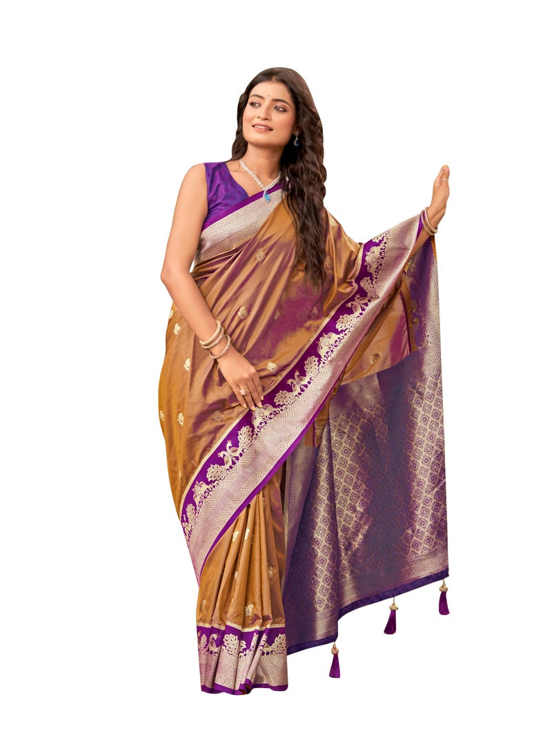 MANOHARI Women's Most Trendy Banarasi Satin Silk Woven Orange Brown Animal Design Pattern Pattern Saree With Heavy Jacquard Work Saree With Blouse Piece_MN2039 - Image 1
