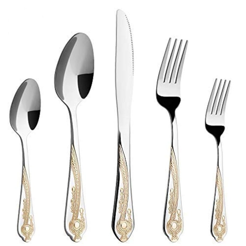 HF HOFTEN Gold Silverware Set 20 Piece Stainless Steel Golden Flatware Set for 4 Silver Tableware Set with 24K GoldPlated Trim Eating Utensils Great for Family Gatherings  Daily UsePrestige