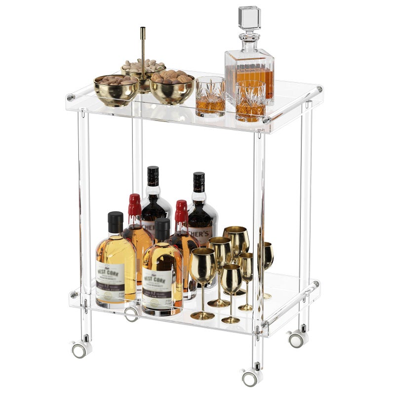 HMYHUM Acrylic Bar Cart Rolling Serving Cart with 4 Lockable Wheels for The Home Bar Kitchen Living Room Modern 2Tier 236 L x 15 W x 30 H Clear