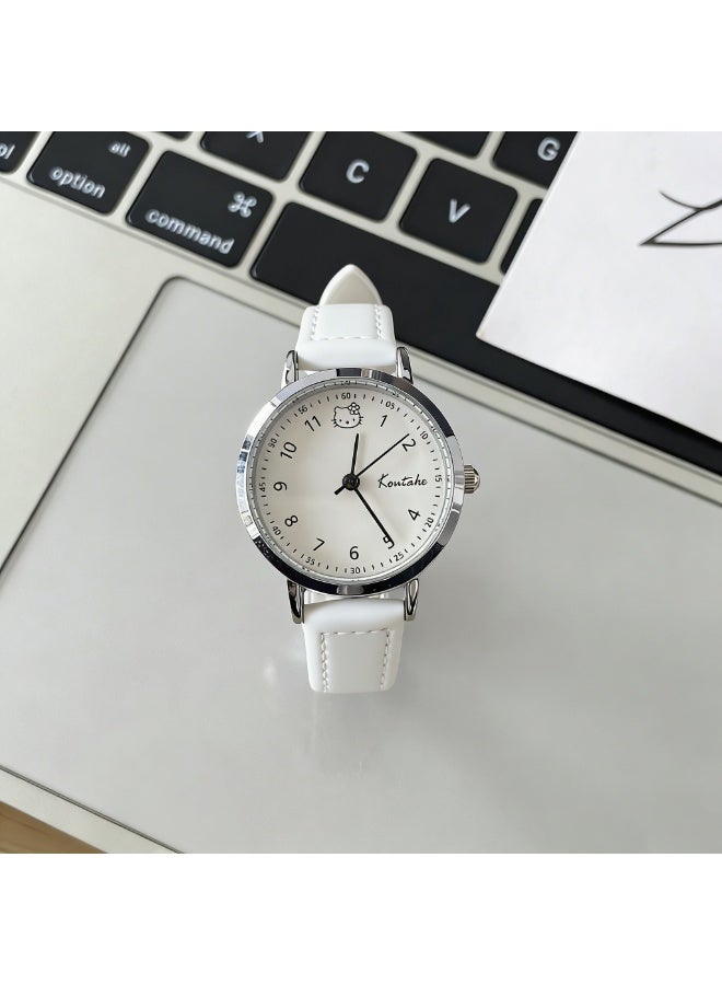 Sanrio Hello Kitty White Leather Strap Watch - Minimalist Quartz Watch for Women & Girls - Image 1