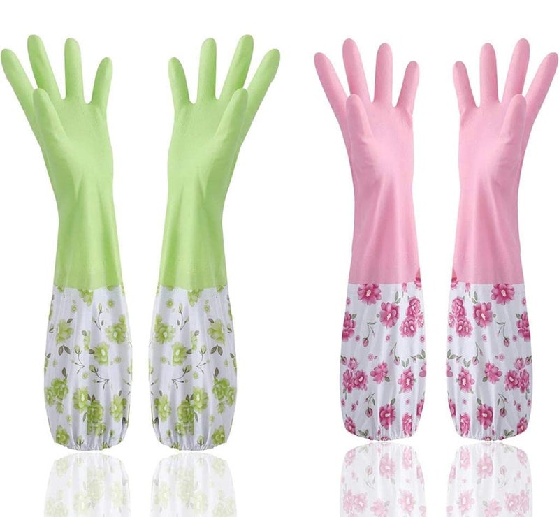 4MYL Reusable Rubber Latex Pvc Flock Lined Long Elbow Hand Gloves Safety Kitchen for Dishwashing Cleaning Gardening Laundry and Sanitation and Lab Work Green Pink