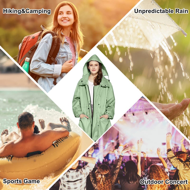 LAMA Womens Long Raincoats Rain Jacket Waterproof Packable Outdoor Hooded Windbreaker Lightweight Adjustable Waist for Outdoors(Green, XL) - Image 2