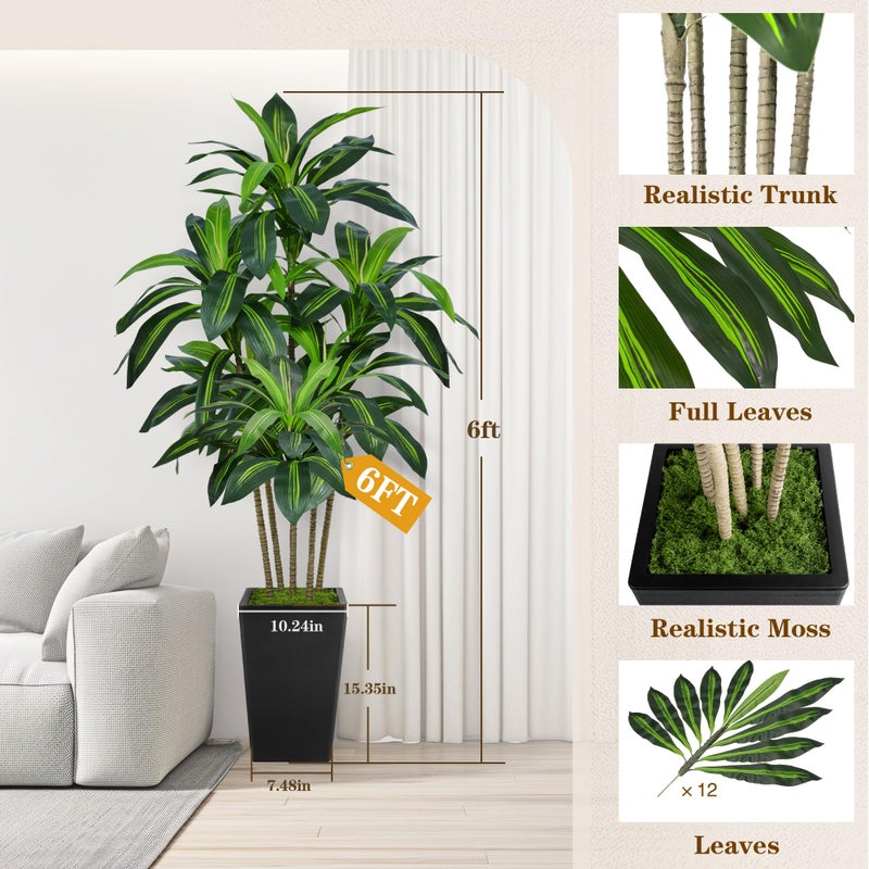 Flydeer 6FT Artificial Dracaena Tree, Fake Tree Indoor with Black Tall Planter,Tall Artificial Plants Indoor,Artificial Silk Tree for Home Office Decor (Black) - Image 3