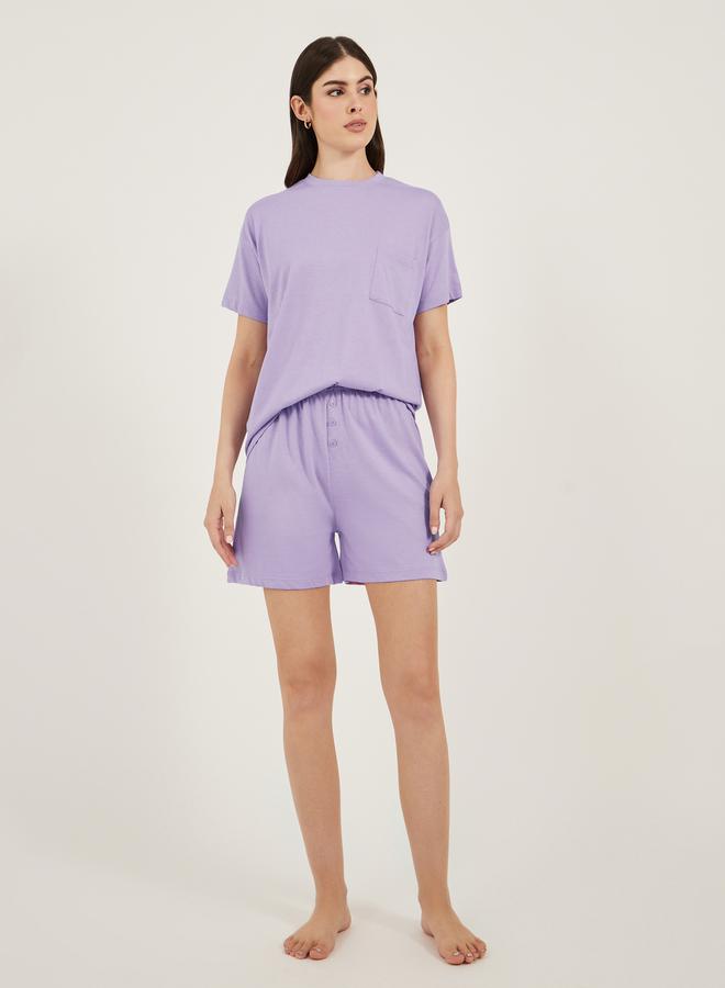 Styli Dropped Shoulder Pocket T-Shirt and Button Placket Pyjama Shorts Set - Image 1