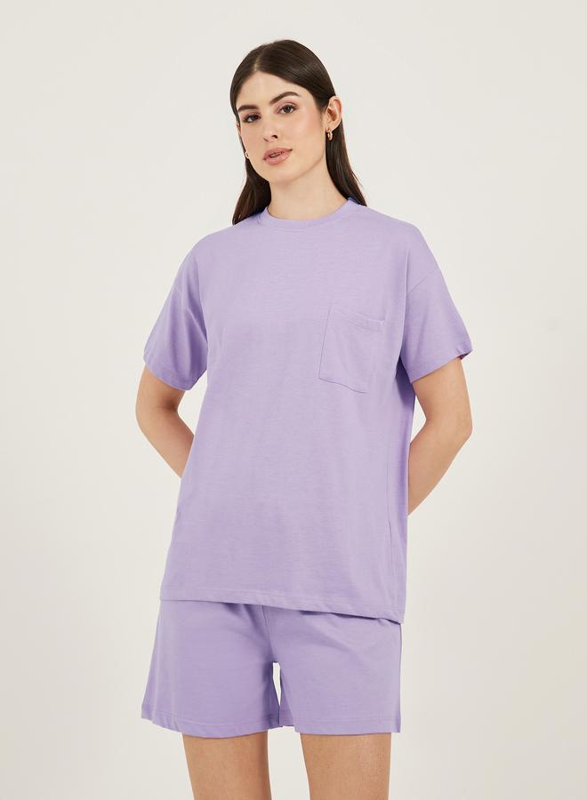 Styli Dropped Shoulder Pocket T-Shirt and Button Placket Pyjama Shorts Set - Image 3