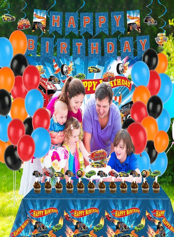 تفكس جيه ٥٥ قطعة من زينة حفلات أعياد الميلاد بسيارات السباق، لوازم حفلات السيارات المميزة مع لافتة، بالونات، خلفية، زينة معلقة على شكل دوامات للكيك والكب كيك، مثالية لحفلات أعياد ميلاد الأولاد وحفلات استقبال المولود الجديد. - Image 4