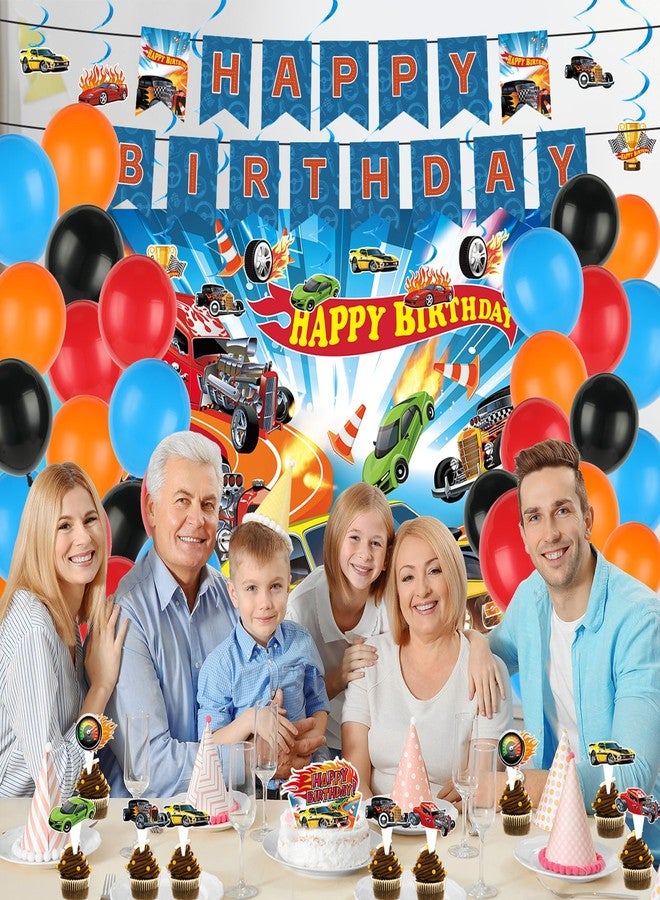 تفكس جيه ٥٥ قطعة من زينة حفلات أعياد الميلاد بسيارات السباق، لوازم حفلات السيارات المميزة مع لافتة، بالونات، خلفية، زينة معلقة على شكل دوامات للكيك والكب كيك، مثالية لحفلات أعياد ميلاد الأولاد وحفلات استقبال المولود الجديد. - Image 5