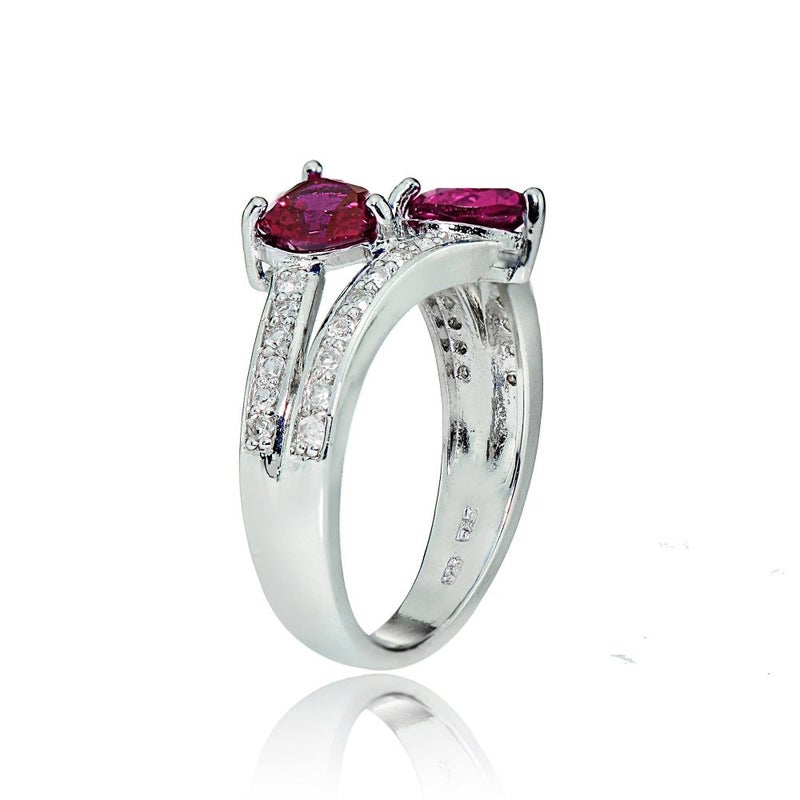 Ice Gems Sterling Silver Created Ruby and White Topaz Double Heart Friendship Ring, Size 6 - Image 2