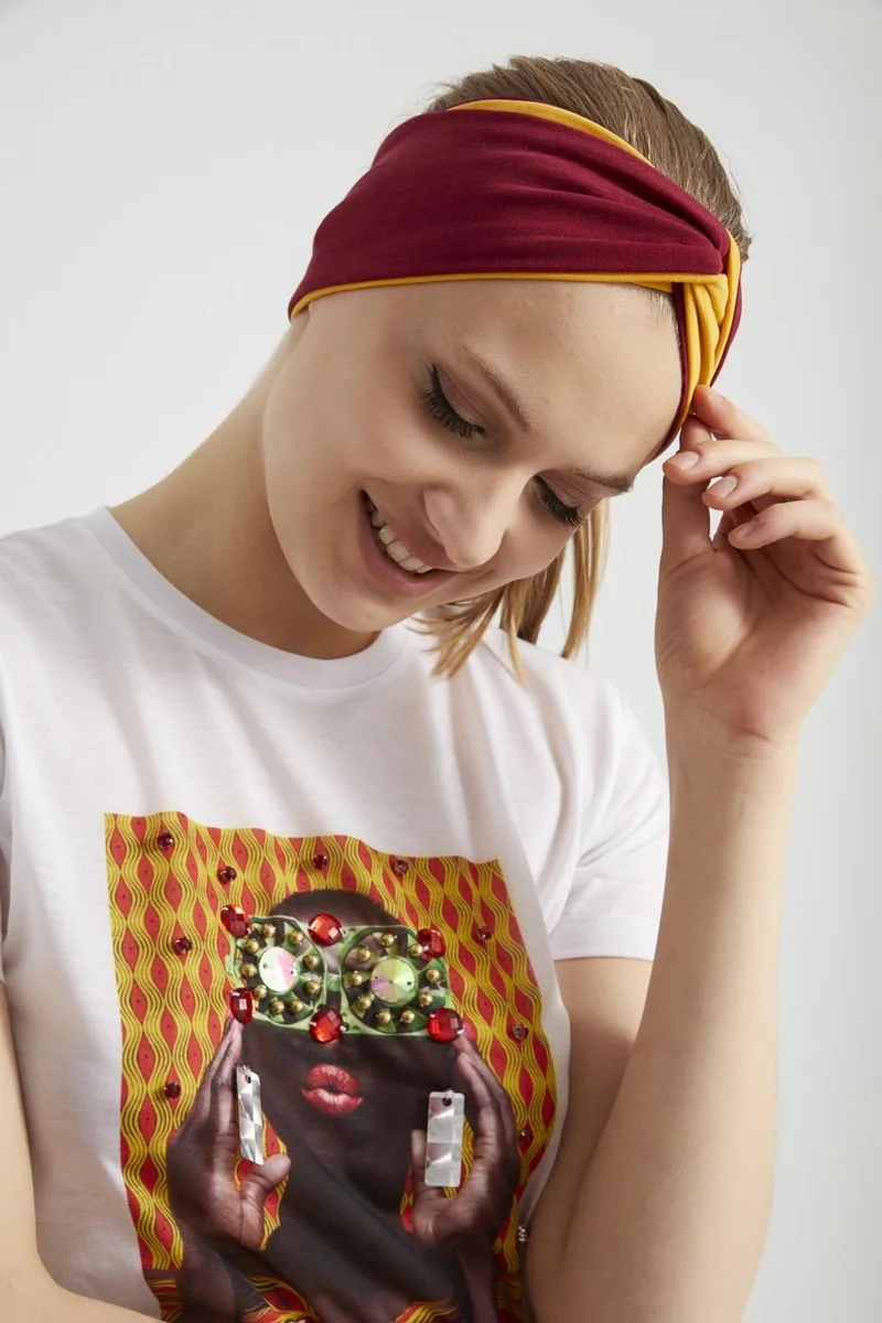 Butikgiz Mustard-Sour Cherry Boutique Design Women's Bandana Hair Band, Extra Soft, Flexible, Natural, Combed Cotton