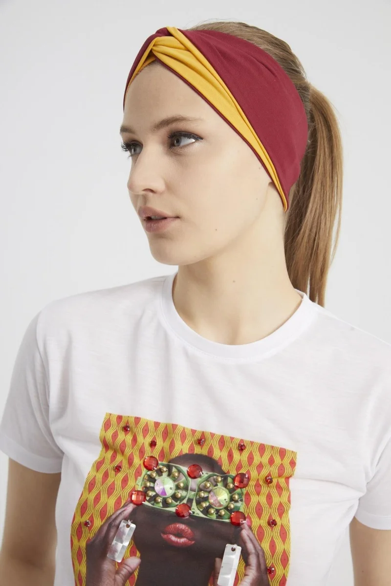 Butikgiz Mustard-Sour Cherry Boutique Design Women's Bandana Hair Band, Extra Soft, Flexible, Natural, Combed Cotton