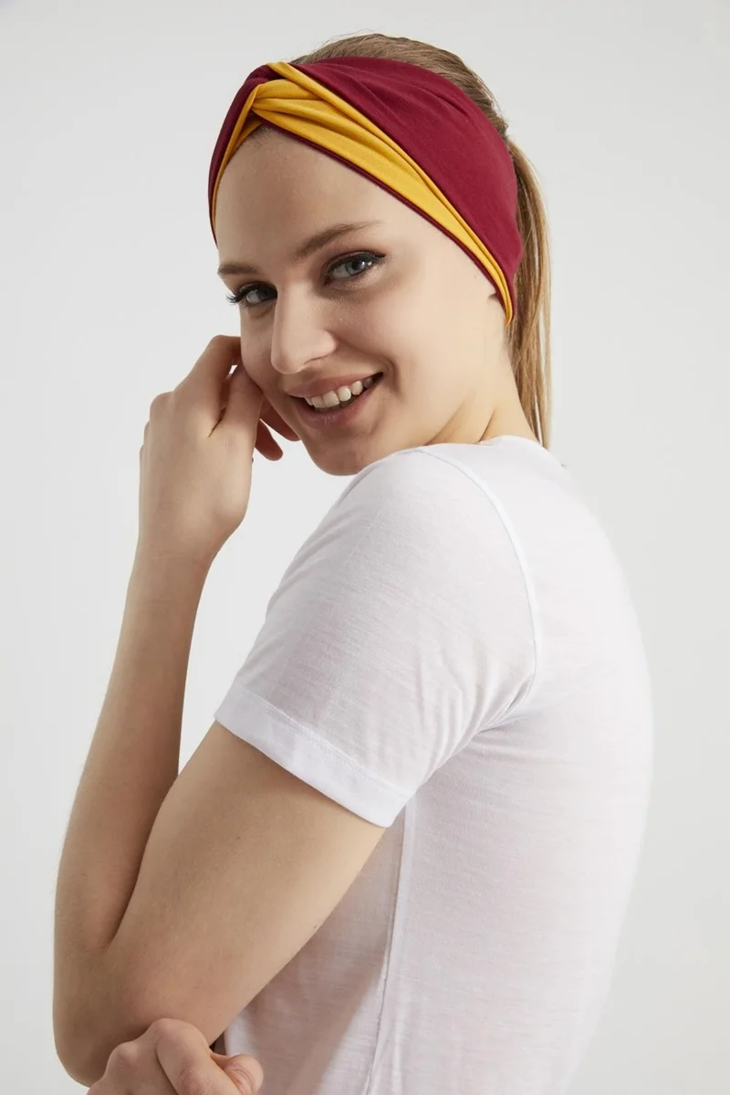 Butikgiz Mustard-Sour Cherry Boutique Design Women's Bandana Hair Band, Extra Soft, Flexible, Natural, Combed Cotton