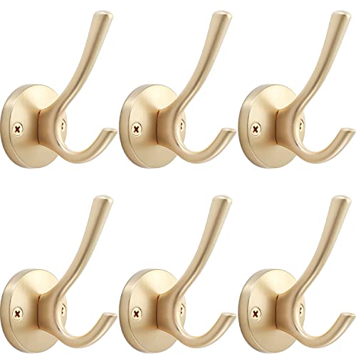 TOFIIGREM Gold Wall Hooks, 6 Pack Coat Robe Hook Heavy Duty Metal Double Bath Hook Wall Mounted, Hand Towel Hooks for Cubicle Bathroom Kitchen Closet Garage - Image 1