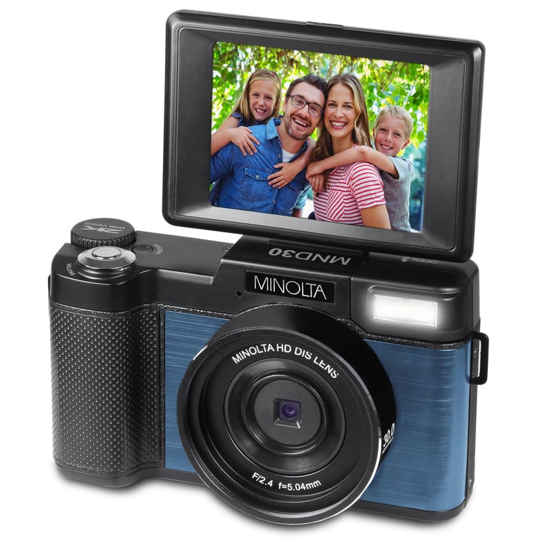 Minolta 30MP Digital Camera â€“ 2.7K Ultra HD Video, 3-inch 180Â° LCD Screen, Face Detection, Anti-Shake, 9 Scene Modes, Photo Burst, Panorama, CMOS Sensor, 32GB Card (Blue) - Image 2