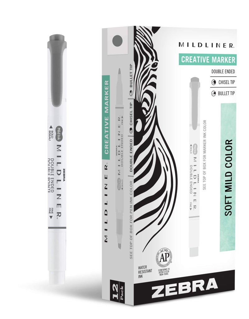 Zebra Pen Mildliner DualTip Highlighters Broad and Fine Tips Ideal for Bible Highlighting No Bleed School Supplies Teacher Supplies and Office Supplies Mild Dark Gray Ink 12Pack 78510upc - Image 2