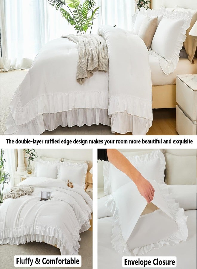 ANGIYUIN 5 Pieces White Comforter Set Queen Size Ruffled Fluffy Bedding Sets for Women Lightweight Farmhouse Bed in A Bag with Sheets(White Queen) - Image 4