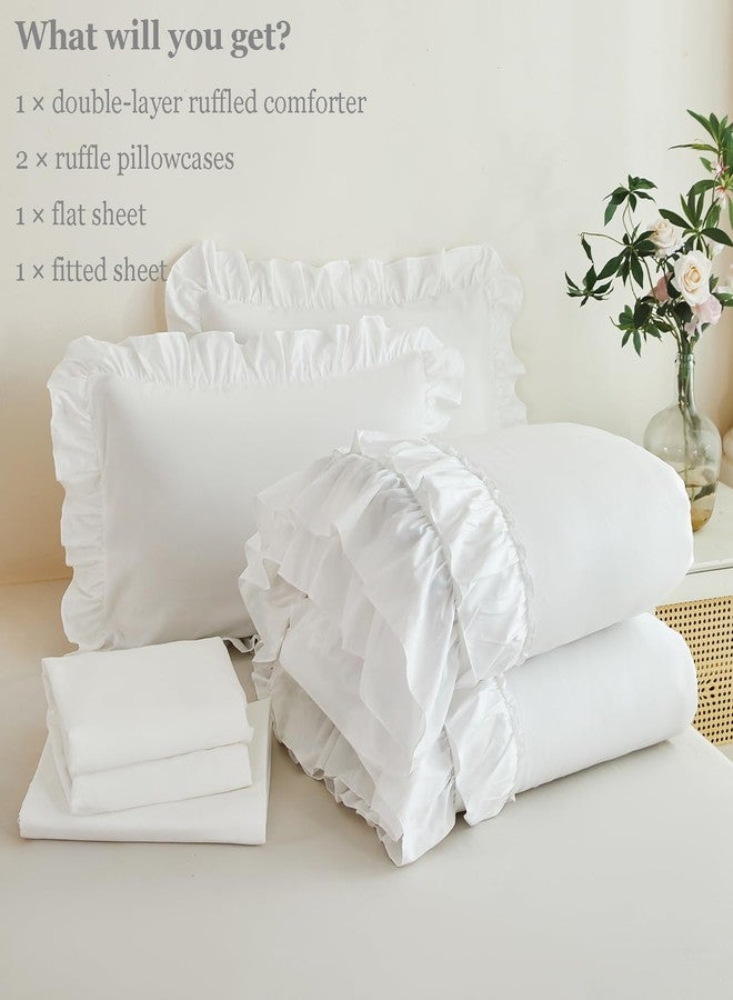 ANGIYUIN 5 Pieces White Comforter Set Queen Size Ruffled Fluffy Bedding Sets for Women Lightweight Farmhouse Bed in A Bag with Sheets(White Queen) - Image 5