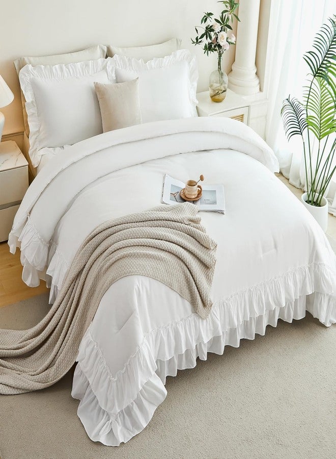 ANGIYUIN 5 Pieces White Comforter Set Queen Size Ruffled Fluffy Bedding Sets for Women Lightweight Farmhouse Bed in A Bag with Sheets(White Queen) - Image 2