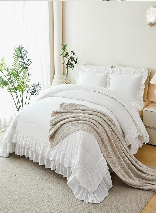 ANGIYUIN 5 Pieces White Comforter Set Queen Size Ruffled Fluffy Bedding Sets for Women Lightweight Farmhouse Bed in A Bag with Sheets(White Queen) - Image 1