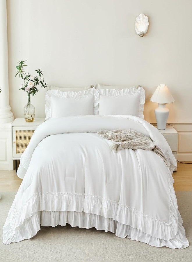 ANGIYUIN 5 Pieces White Comforter Set Queen Size Ruffled Fluffy Bedding Sets for Women Lightweight Farmhouse Bed in A Bag with Sheets(White Queen) - Image 3