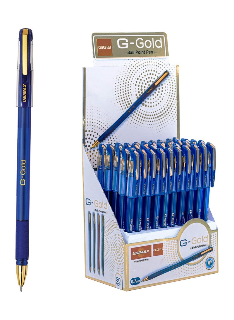 Gigis Unimax G-Gold Ball Pen Blue (50 Pcs) 0.7mm, Ballpoint Pens, Gold-Plated Cap, Soft Cushion Grip, and VFI Ink for 20% More Writing Length - Image 1
