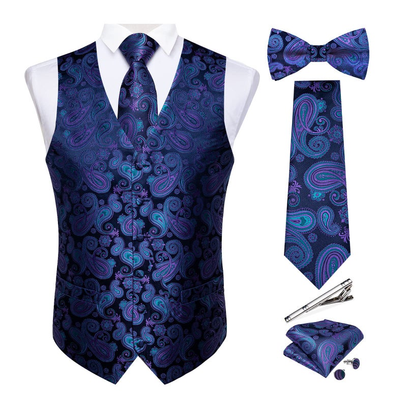 DiBanGu Men's Blue Purple Paisley Vest and Necktie Set 6PCS Pre-tied Bow Tie Silk Formal Waistcoat for Wedding Party, Blue, XL - Image 1