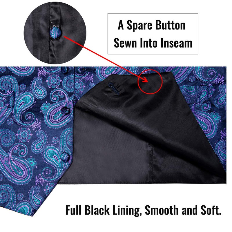 DiBanGu Men's Blue Purple Paisley Vest and Necktie Set 6PCS Pre-tied Bow Tie Silk Formal Waistcoat for Wedding Party, Blue, XL - Image 4