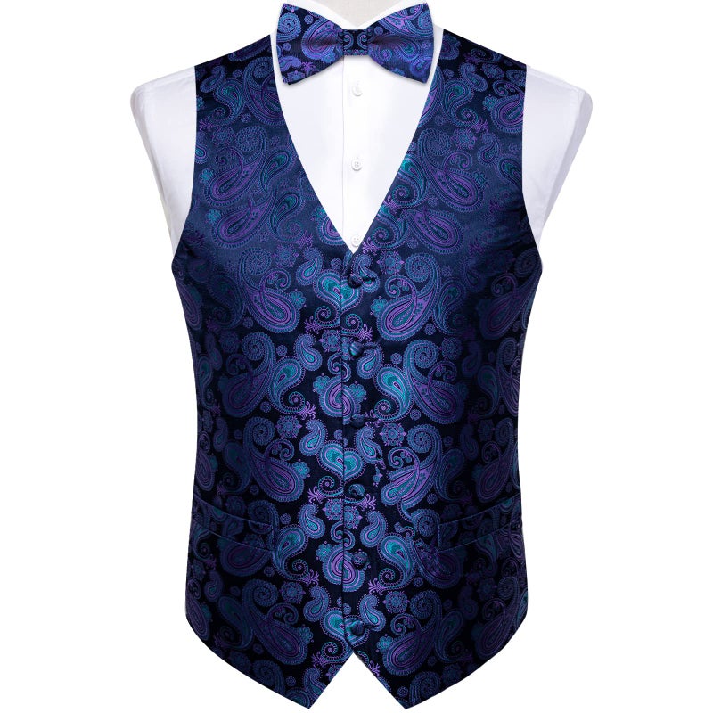 DiBanGu Men's Blue Purple Paisley Vest and Necktie Set 6PCS Pre-tied Bow Tie Silk Formal Waistcoat for Wedding Party, Blue, XL - Image 5