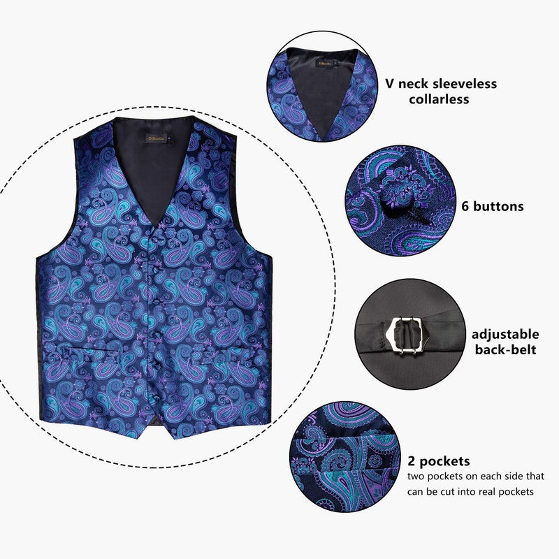 DiBanGu Men's Blue Purple Paisley Vest and Necktie Set 6PCS Pre-tied Bow Tie Silk Formal Waistcoat for Wedding Party, Blue, XL - Image 3