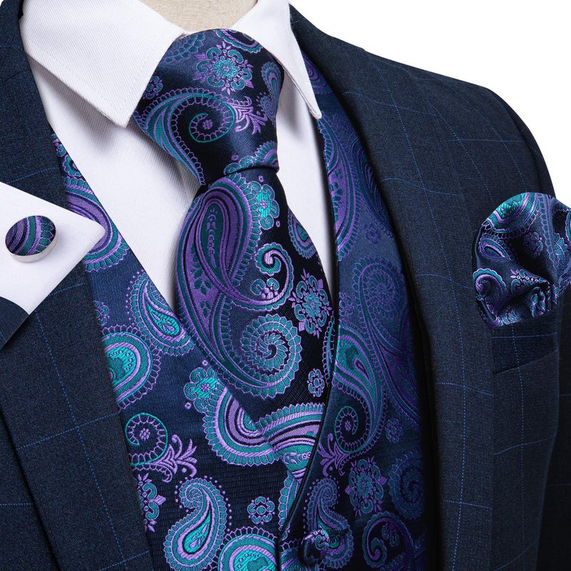 DiBanGu Men's Blue Purple Paisley Vest and Necktie Set 6PCS Pre-tied Bow Tie Silk Formal Waistcoat for Wedding Party, Blue, XL - Image 2