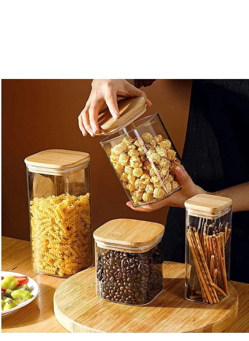 1Chase Borosilicate Square Glass Food Storage Jar With Air Tight Bamboo Lid 1800ML 1100ML 900ML
