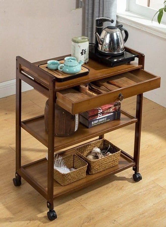 VM DECOR Solid Wood Rolling Utility Serving Trolley 3-Level Wooden Serving Trolley with Pull Out Tray- Dark Brown Finish - Image 1