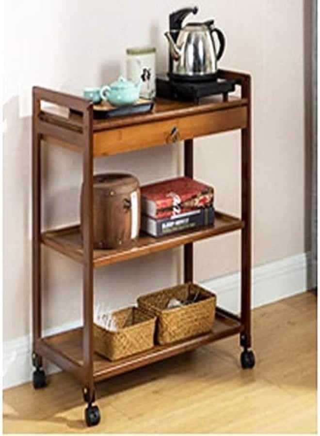 VM DECOR Solid Wood Rolling Utility Serving Trolley 3-Level Wooden Serving Trolley with Pull Out Tray- Dark Brown Finish - Image 2
