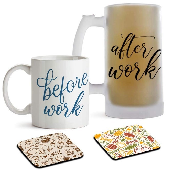 FUNNY COMBO GIFT SET BEFORE WORK AND AFTER WORK COFFEE AND BEER MUG WITH 2 COASTERS FOR MEN OR WOMEN