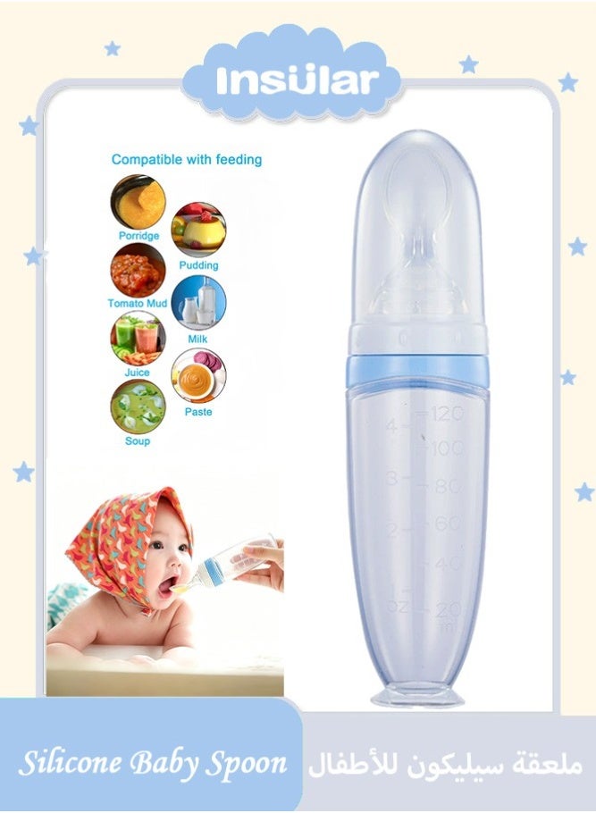 insular 120ml Baby Food Dispenser Spoon, Silicone Squeeze Feeder with Suction Base & Hygiene Cover, 2mm Precision Hole for Mess-Free Weaning, BPA-Free Self-Feeding Bottle for 0M+ Babies (Transparent Blue) - Image 1