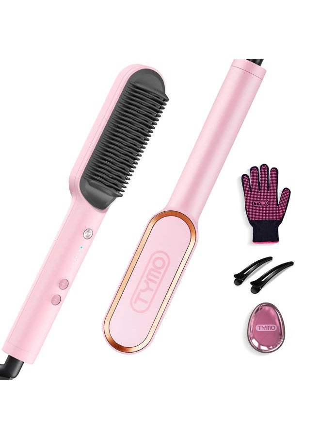 TYMO Hair Straightener Brush, TYMO Ring Hair Straightener Comb Straightening Brush for Women with 5 Temps 20s Fast Heating & Dual Voltage, Pink  - Image 1