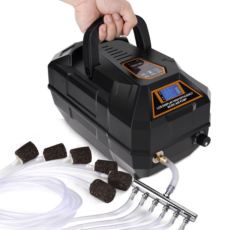 hygger Rechargeable Aquarium Pond Air Pump, Powerful Quiet Commercial Tank Air Pump with Hose Air Stone Check Valve Adjustable Flow 6-outlets Diverter Valve for Fishing Yacht/Power Outages/Hydroponic - Image 1