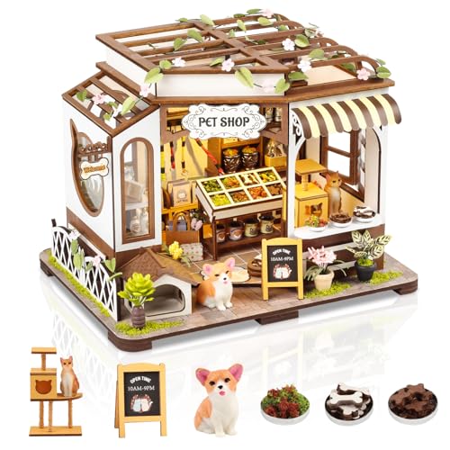FLYNOVA DIY Miniature House Kit,Pet Shop Dollhouse Miniature Kit with LED & Furniture,Mini Diorama House Building Kit for Adults Teens,3D Wooden Crafts Tiny House Mini Model Kit,Home Decor Birthday Gifts - Image 1