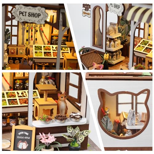 FLYNOVA DIY Miniature House Kit,Pet Shop Dollhouse Miniature Kit with LED & Furniture,Mini Diorama House Building Kit for Adults Teens,3D Wooden Crafts Tiny House Mini Model Kit,Home Decor Birthday Gifts - Image 4