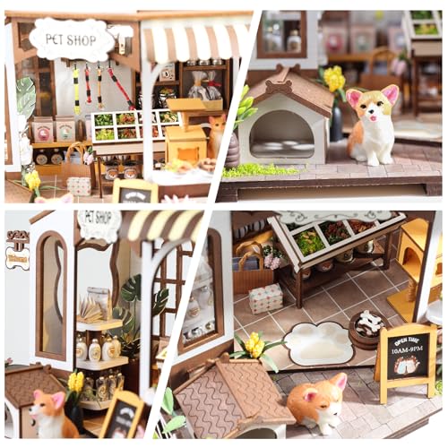 FLYNOVA DIY Miniature House Kit,Pet Shop Dollhouse Miniature Kit with LED & Furniture,Mini Diorama House Building Kit for Adults Teens,3D Wooden Crafts Tiny House Mini Model Kit,Home Decor Birthday Gifts - Image 3