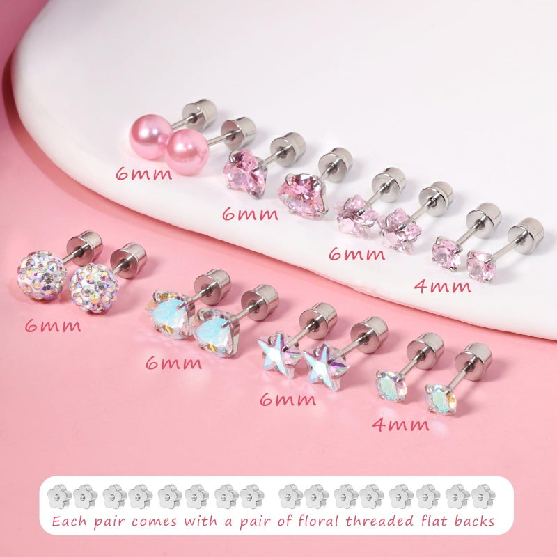 DAILI Hypoallergenic 14K Gold Earrings for Girls Women, Toddler Screw Back Baby Earrings for Sensitive Ears Silver Kids Earrings Cute Flower Heart Star Ball Dot Mouse Titanium Flat Back Stud Earring Sets (8 pairs toddler earrings) - Image 2