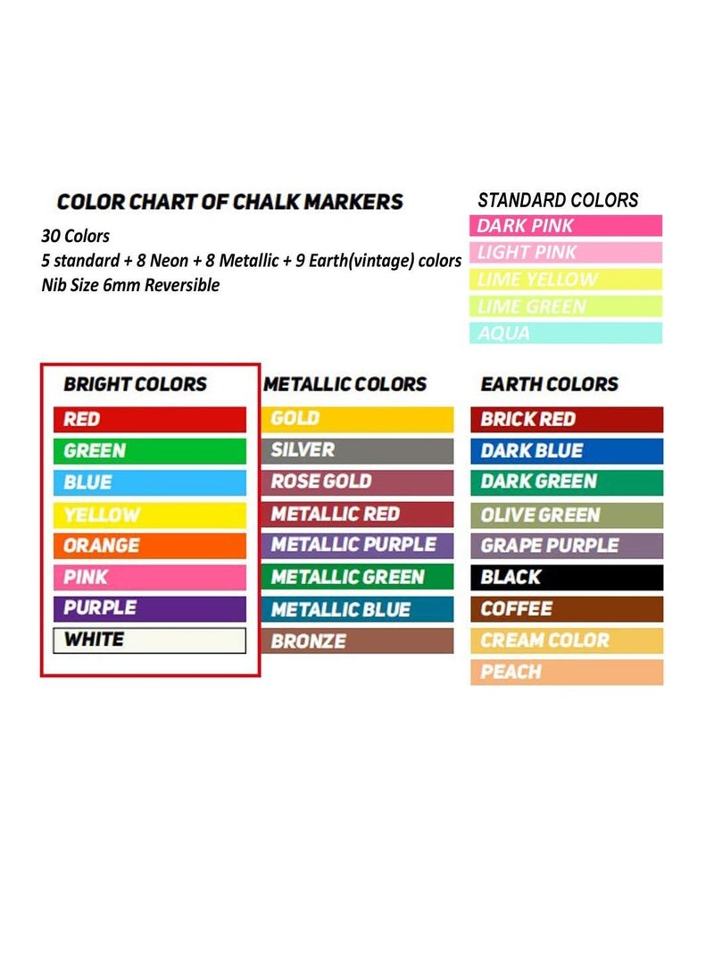 Premify 30 Chalk Markers, 8 Neon + 8 Metallic + 9 Earth + 5 Standard Colors, for Chalkboard, Whiteboard Pen, Blackboard, Window, Labels, Bistro, Glass - Wet Wipe Erasable Marker - 6mm Reversible Nib Pens  - Image 2