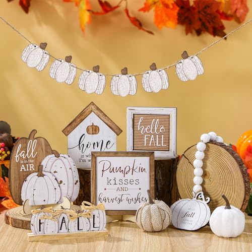 Reallnaive 18 Pcs Fall Thanksgiving Tiered Tray Decor Set Pumpkin Wood Sign Hello Fall Rustic Farmhouse Tray Decoration Tabletop Sign for Autumn Home Kitchen Festival Neutral - Image 3