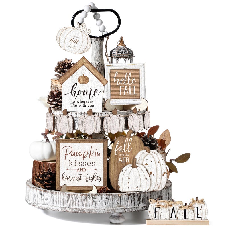 Reallnaive 18 Pcs Fall Thanksgiving Tiered Tray Decor Set Pumpkin Wood Sign Hello Fall Rustic Farmhouse Tray Decoration Tabletop Sign for Autumn Home Kitchen Festival Neutral - Image 2