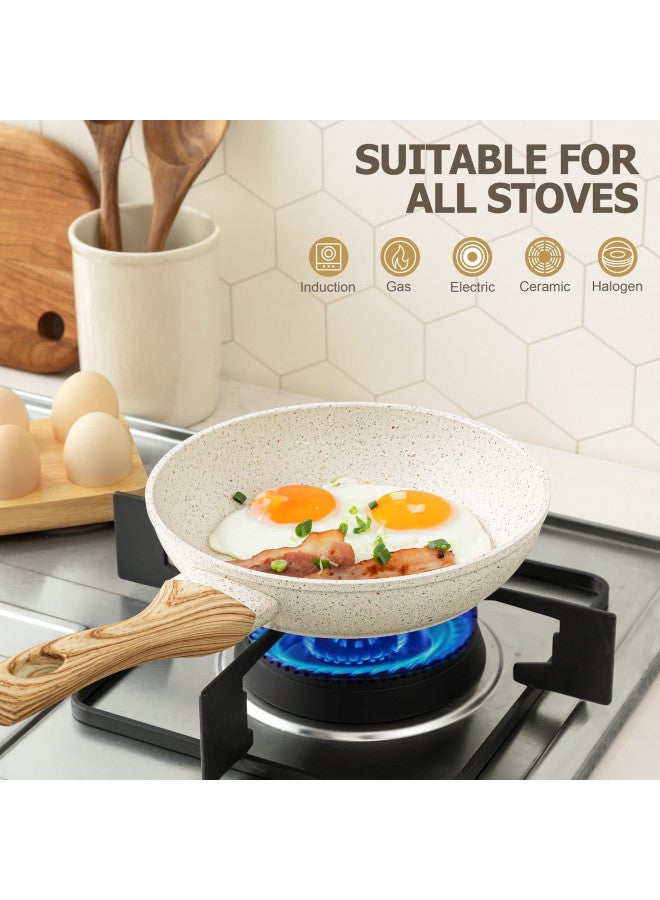MICHELANGELO Small Frying Pan with Lid, 8 Inch Frying Pan Nonstick with Non-Toxic Coating, Granite Egg Pan with Anti-Scald Handle, Small Pan, White - Image 4