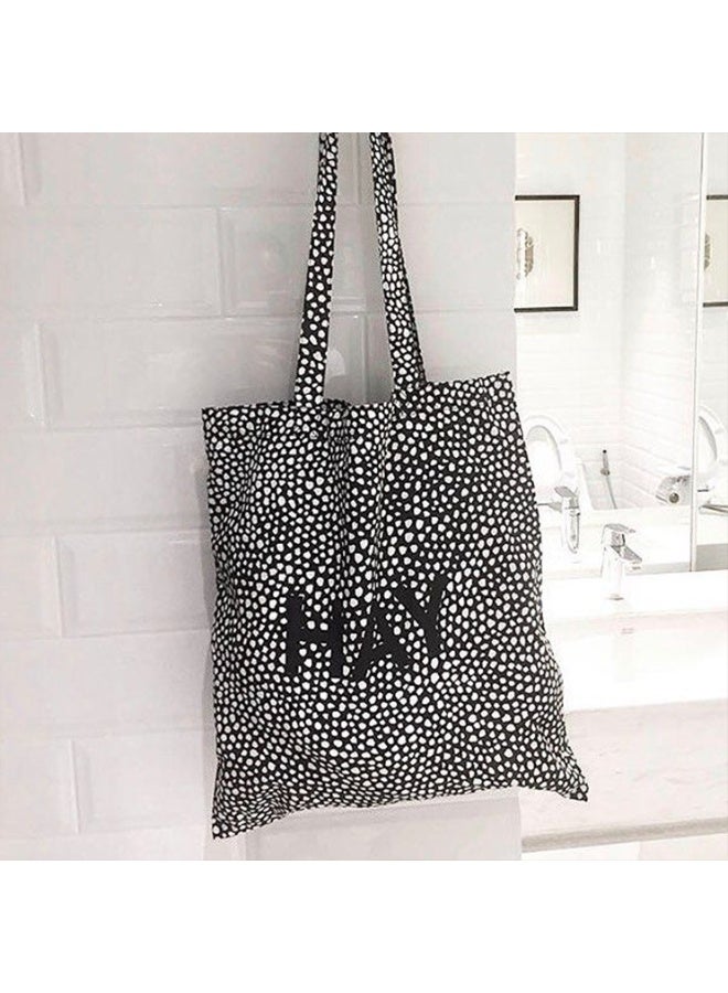 Lightweight Flat Cotton Tote Bag with Fine Pinstripe Pattern & Bold "HAY" Letter Print – Minimalist Scandinavian-Style Shoulder Bag for Women | Ultra-Thin, Foldable & Reusable Everyday Carry Bag for Shopping, Books, University, Travel & Daily Use | Eco-Friendly Slim Canvas Shopper Bag with Long Handles | Black & White Striped Design - Image 2