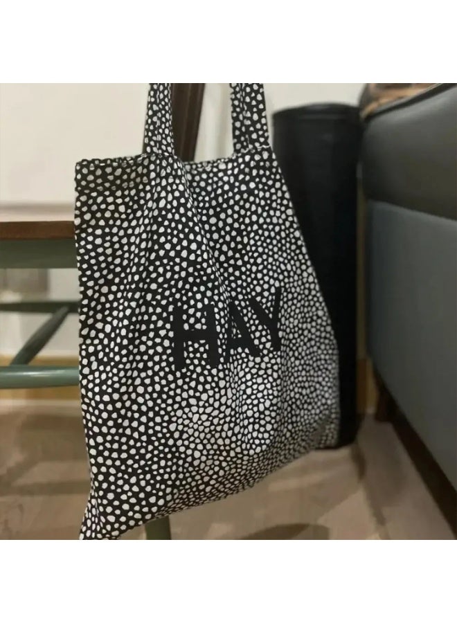 Lightweight Flat Cotton Tote Bag with Fine Pinstripe Pattern & Bold "HAY" Letter Print – Minimalist Scandinavian-Style Shoulder Bag for Women | Ultra-Thin, Foldable & Reusable Everyday Carry Bag for Shopping, Books, University, Travel & Daily Use | Eco-Friendly Slim Canvas Shopper Bag with Long Handles | Black & White Striped Design - Image 4