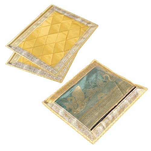 Kuber Industries Satin Saree Cover|Clothes Storage Bag|Single Packing Saree with Zip Closure|Wardrobe Organizer|Cloth Stoarge Organizer|4 Side Lace Saree Cover|Pack of 3|Golden, 360x10 mm - Image 1