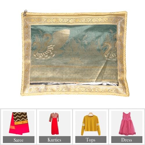 Kuber Industries Satin Saree Cover|Clothes Storage Bag|Single Packing Saree with Zip Closure|Wardrobe Organizer|Cloth Stoarge Organizer|4 Side Lace Saree Cover|Pack of 3|Golden, 360x10 mm - Image 4