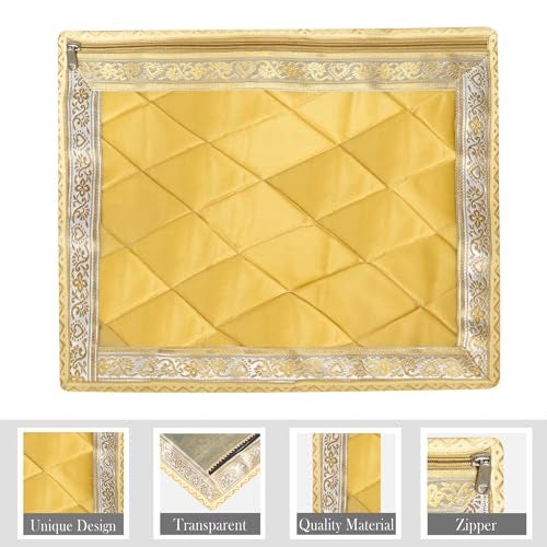 Kuber Industries Satin Saree Cover|Clothes Storage Bag|Single Packing Saree with Zip Closure|Wardrobe Organizer|Cloth Stoarge Organizer|4 Side Lace Saree Cover|Pack of 3|Golden, 360x10 mm - Image 2