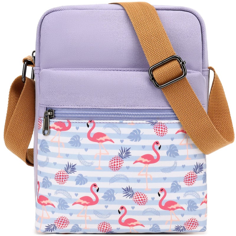 Leaper Girls Crossbody Purses 2 PCS Flamingo Messenger Bag Canvas Crossbody Bag and Purse Set for Women Purple